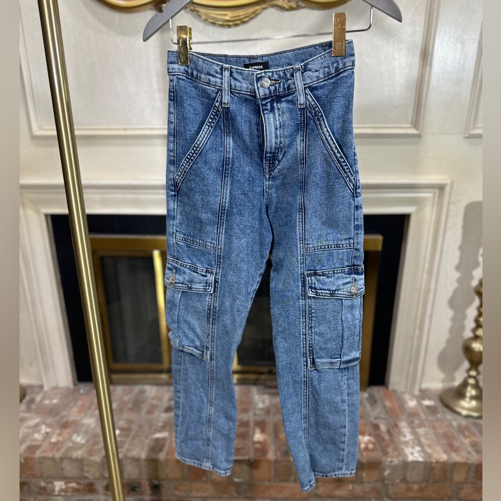 Express High Rise Straight Ankle Cargo‎ Jeans | Size 26 | Utility Pocket Denim